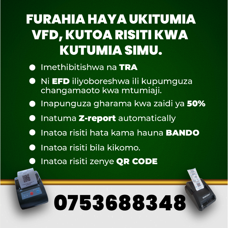 ESokonitz's tweet photo. MFANYABIASHARA, VFD ni mfumo uliothibitishwa na TRA, unaokuwezesha kutoa risiti halali za EFD kwa kutumia simu au PC kwa gharama Ndogo.

Ofisi zetu zipo DSM, Arusha, Mbeya, Njombe, Dodoma na Mwanza lakini tunatoa huduma popote ulipo TZ

 Wasiliana nasi (Call/whtap) 0753 688 348 https://t.co/Bbtv8rVPfT