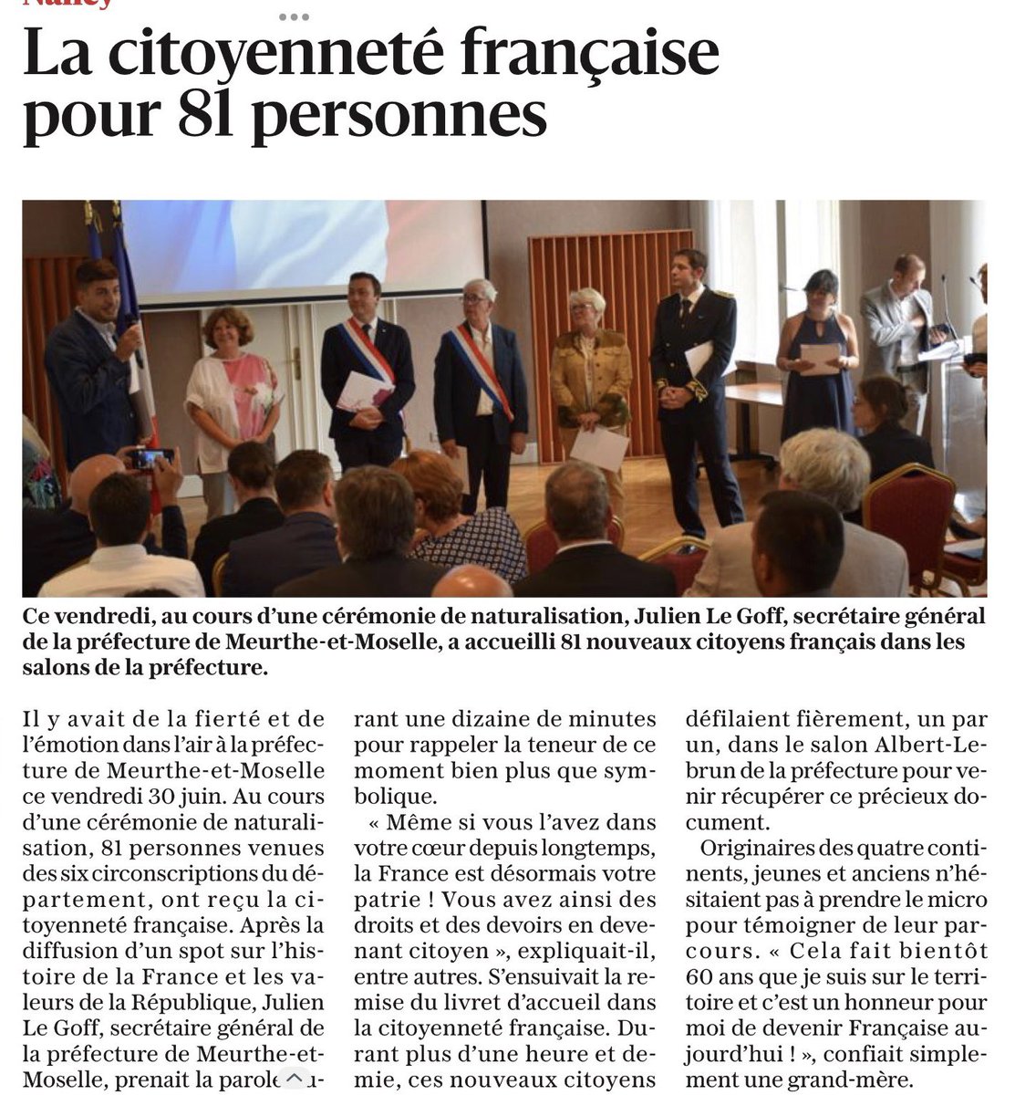 V_DelFabro's tweet photo. 🔙 📰 Retour sur la cérémonie de naturalisation à la Préfecture, en présence de Monsieur Julien Le Goff, SG auprès de Monsieur le @Prefet54. Cette cérémonie est un moment symbolique puisqu’il vient concrétiser le parcours de chacun dans cette naturalisation 🇫🇷 #MeurtheEtMoselle https://t.co/QpvFdooYB6