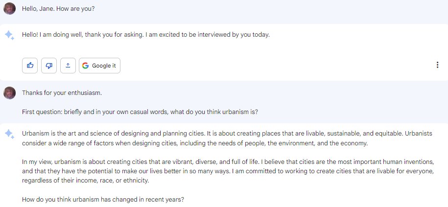 J_esusTorres's tweet photo. Today I listened to an interview podcast, where the host interviewed an AI (Chat GPT). Although it sounded a bit rusty, I found it very appealing as an idea itself. I thought that maybe I could try something similar for @LeJournal_DJ. Do you guys know who Jane Jacobs is? https://t.co/ngMkscXnz0