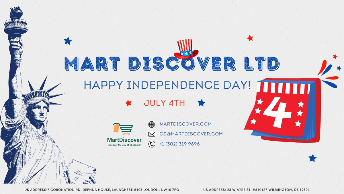 Martdiscover's tweet photo. Join us in celebrating Independence Day with many hot products! Embrace the spirit of freedom and shop your way to a brighter future. Happy 4th of July!
Visit us on: https://t.co/ajTjcfAU3L
#USA #IndependenceDay #July4thWeekend #Martdiscover https://t.co/NpZvDHx9PH