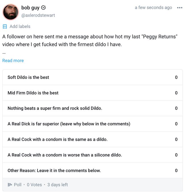POLL TIME:  COCK VS. DILDO and DILDO FIRMNESS  Sound off on my FREE to SUB Spicy Page.  A follower in<a href="/tag/lgbt"class="tags"><span>#lgbt</span></a><a href="/tag/bi"class="tags"><span>#bi</span></a><a href="/tag/dildo"class="tags"><span>#dildo</span></a><a href="/tag/happypride"class="tags"><span>#happypride</span></a><a href="/tag/assplay"class="tags"><span>#assplay</span></a><a href="/tag/beardedmen"class="tags"><span>#beardedmen</span></a>