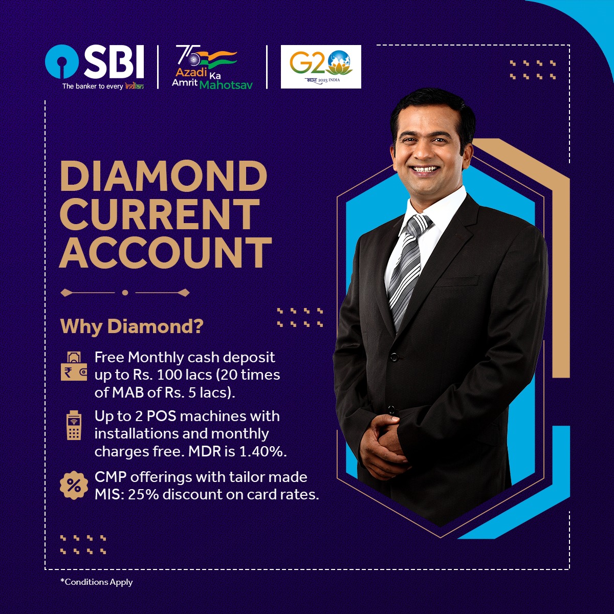 TheOfficialSBI's tweet photo. Indulge in the luxury of the SBI Diamond Current Account.
To know more & apply, please visit: https://t.co/8Q5maegCUE
#SBI #SBICurrentAccount #DiamondAccount #PersonalizedBanking #AmritMahotsav https://t.co/YXa0oRm5DL