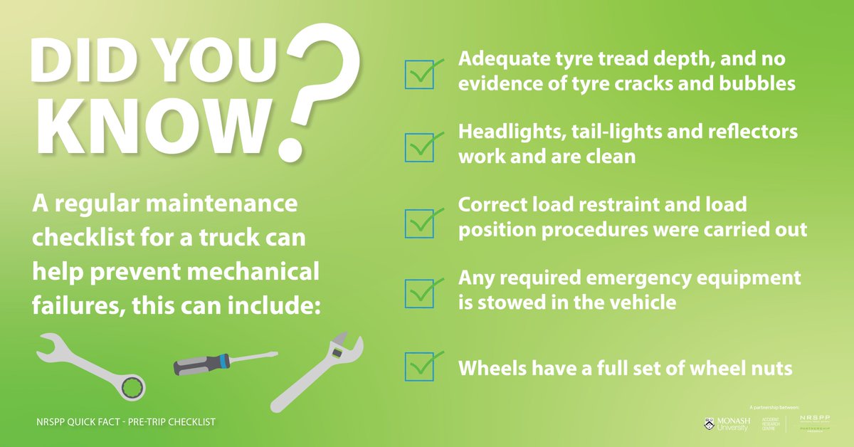 A regular maintenance checklist for a truck can help prevent mechanical failures which may lead to truck crashes, particularly in regards to older trucks. View the full suggested pre-trip checklist here: nrspp.org.au/resources/nrsp…