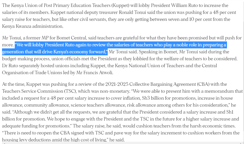 MwangoCapital's tweet image. KUPPET to lobby President William Ruto to increase the salaries of its members, noting it was pushing for a 48% salary raise for teachers, but like other civil servants, they are only getting 7% - 10% from the government.

According to a memorandum presented to the President…