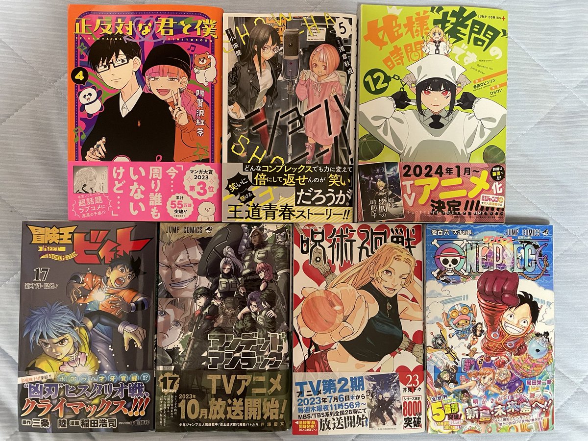今日届いた漫画。

「正反対な君と僕」4巻
「ショーハショーテン」5巻
「姫様“拷問”の時間です」12巻
「冒険王ビィト」17巻
「アンデッドアンラック」17巻
「呪術廻戦」23巻
「ワンピース」106巻
