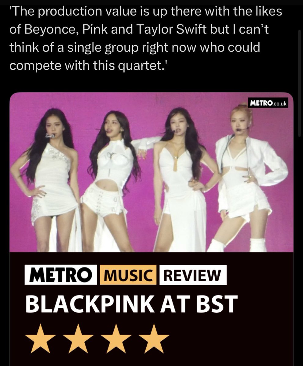 BLACKPINKCNTRAL's tweet photo. .@BLACKPINK’s #BLACKPINKxBSTHydePark rave critical acclaimed reviews:

BBC UK: Positive Review
Evening Standard: ⭐️⭐️⭐️⭐️⭐️
i Newspaper: ⭐️⭐️⭐️⭐️⭐️
The Telegraph: ⭐️⭐️⭐️⭐️ ☆
Metro UK: ⭐️⭐️⭐️⭐️ ☆
NME: ⭐️⭐️⭐️⭐️ ☆
Islington Gazette: ⭐️⭐️⭐️⭐️ ☆ https://t.co/3Te4srlaF1