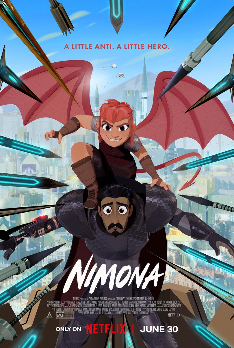 GUYS. This new movie on Netflix is FANTASTIC! A disgraced knight (Riz Ahmed) in a futuristic yet medieval society is befriended by a chaotic shape-shifter Nimona (Chloe Grace Moretz). She is very funny and the story has a lot of heart. Recommended!