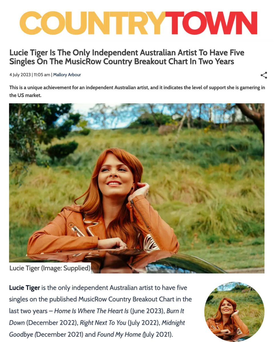 LucieTigerMusic's tweet image. Thank you so much @CountryTown_au for this amazing article - y'all have been so supportive of my music and I'm so grateful. Five singles charting on the MusicRow chart is still so mindblowing - thank you so much to @grassrootspromo for all of your hard work on these.