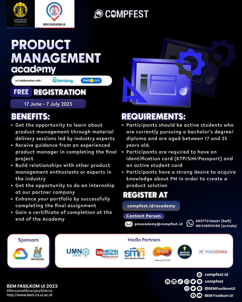 UMNRADIO's tweet photo. Hi, TechOvers!
Open Registration Academy COMPFEST telah dibuka! Periode registrasi: 17 Juni - 7 Juli 2023. Segera daftarkan dirimu melalui: https://t.co/VqzZdKERRL
Free Registration!
@COMPFEST
https://t.co/0rYMTEUdYd
#Academy
#EvolveForTomorrow
#COMPFEST15 https://t.co/QiDMwzy9hx