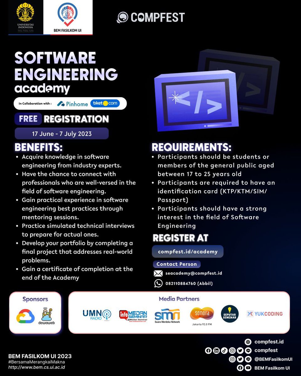 UMNRADIO's tweet photo. Hi, TechOvers!
Open Registration Academy COMPFEST telah dibuka! Periode registrasi: 17 Juni - 7 Juli 2023. Segera daftarkan dirimu melalui: https://t.co/VqzZdKERRL
Free Registration!
@COMPFEST
https://t.co/0rYMTEUdYd
#Academy
#EvolveForTomorrow
#COMPFEST15 https://t.co/QiDMwzy9hx