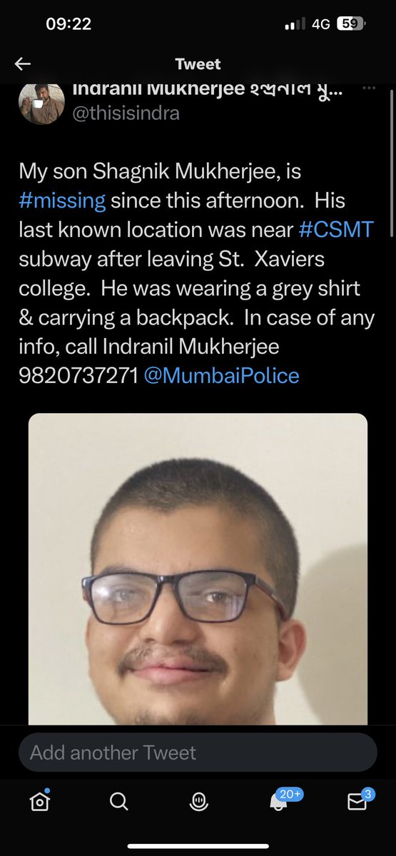 thisisindra's tweet photo. Dear All, We have Shagnik with us and he is good. Thanks to all your good wishes and best efforts we could achieve this. A big thanks to @CPMumbaiPolice and Azad Maidan PS team and @RPF_INDIA. I have deleted the original post (below) so that it is not amplified any further! 🙏🏼 https://t.co/cfiGJY3f7G