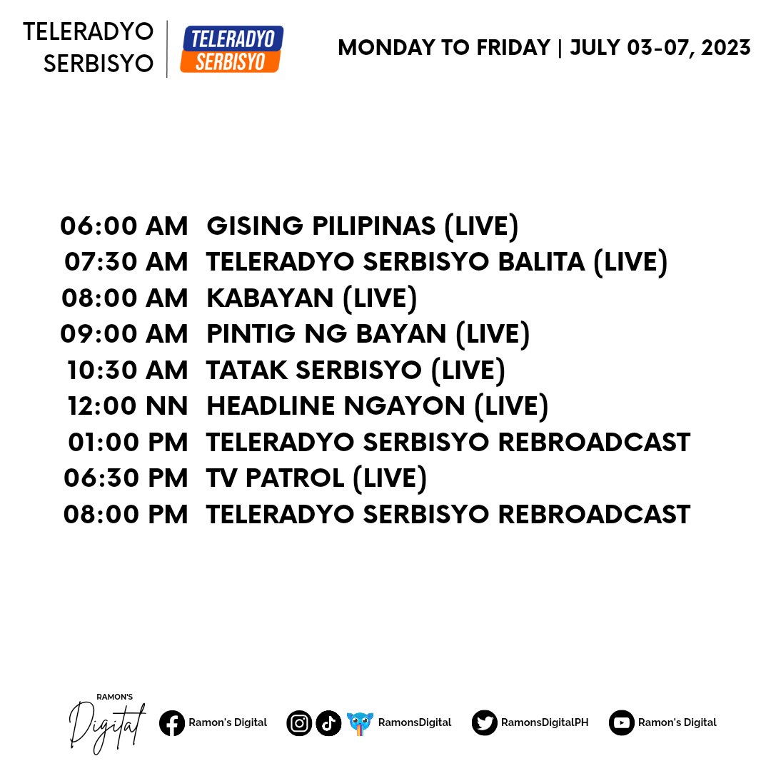 Here's The Schedule For TeleRadyo Serbisyo (July 03-07, 2023)

#TeleRadyoSerbisyo #ParaSaMamamayan