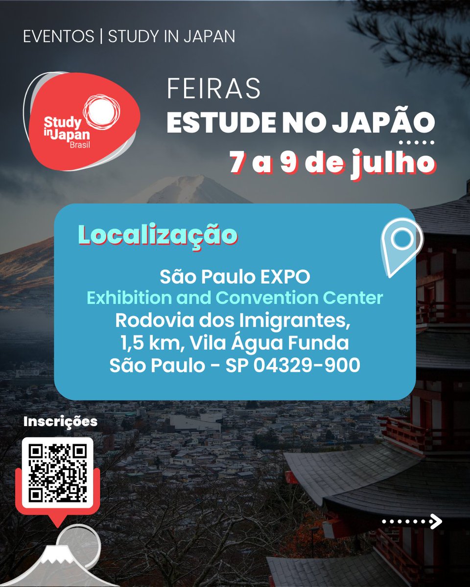 studyinjapanbr's tweet photo. O maior festival de cultura japonesa está de volta!
24º Festival do Japão (SP) (@festivaldojapao) de 7 a 9 de julho!

Organizado por voluntários da KENREN, a Federação das Associações de Províncias do Japão no Brasil, o Festival do Japão busca manter o objetivo de preservar e divulgar a cultura japonesa e transmitir as tradições para as novas gerações, representando as 47 províncias que compõem o Japão.

Algumas atrações do evento são: gastronomia, #FJTAON com atividades voltadas aos jovens, Exposições de ikebana, cerimônia do chá, dentre outros.

A Study in Japan Brasil vai estar com estandes no evento, juntamente com representantes de grandes universidades japonesas para tirar dúvidas e informar aqueles que têm interesse em estudar no Japão seja graduação, pós-graduação, além de informações sobre bolsas de estudos e mais!

Faça o pré-registro da Study in Japan (gratuito) e garanta brindes ao visitar nosso estande. Lembrando que o nosso pré-registro não garante ingresso ao evento, portanto compre separadamente.

Saiba mais sobre o evento no nosso post do instagram (https://t.co/nGUnV1RG8Y) ou através do link: https://t.co/yO8Xvynzrk

#japão #estudenojapao #brasil #estudantesnojapão #estudarnojapão #bolsasdeestudo #studyinjapan #pesquisa #graduação #global #mestrado #Ciências #graduacaojapao #universidadesjapao
