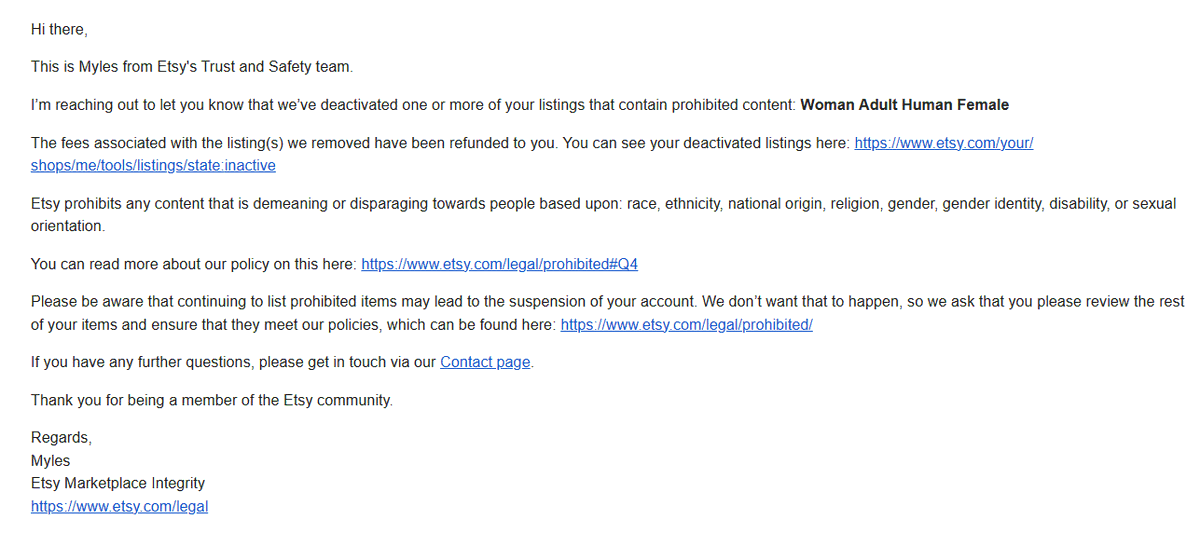 KirralieS's tweet photo. I won't be buying from @Etsy ever again since they promote misogyny. 

They claim that "Woman - adult human female" is prohibited content!

They seem to have protections for males who appropriate female stereotypes but exclude women who state biological facts. https://t.co/6EA5E3UY8H