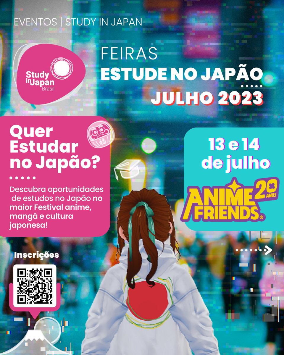 studyinjapanbr's tweet photo. Anime Friends é um dos maiores eventos do Brasil direcionados a animês, mangás e cultura japonesa em geral. Conta hoje com um público superior a 120 mil pessoas todo mês de julho, atraindo caravanas de fãs de todo lugar do país e algumas caravanas de países da América Latina. Além de ser muito conhecido pelos seus shows!

Esse ano algumas atrações do evento são: Atrações Internacionais como Scandal, Yurika, Real Akiba Boyz, Flow, Banana Cospboys, dentre outros. Atrações nacionais como os dubladores Guilherme Briggs, Wendel Bezerra, Cecília Lemes, Márcia Gomes e Mauro Eduardo. E muito mais!

A Study in Japan Brasil vai estar com estandes no evento, juntamente com representantes de grandes universidades japonesas para tirar dúvidas e informar aqueles que têm interesse em estudar no Japão seja graduação, pós-graduação, além de informações sobre bolsas de estudos e mais!

Faça o pré-registro da Study in Japan (gratuito) e garanta brindes ao visitar nosso estande. Lembrando que o nosso pré-registro não garante ingresso ao evento, portanto compre separadamente.

Saiba mais sobre o evento no nosso post (https://t.co/mwC7AHX6Dj) ou através do link: https://t.co/9REYGmB80K

#japão #estudenojapao #brasil #estudantesnojapão #estudarnojapão #bolsasdeestudo #studyinjapan #pesquisa #graduação #global #mestrado #Ciências #graduacaojapao #universidadesjapao