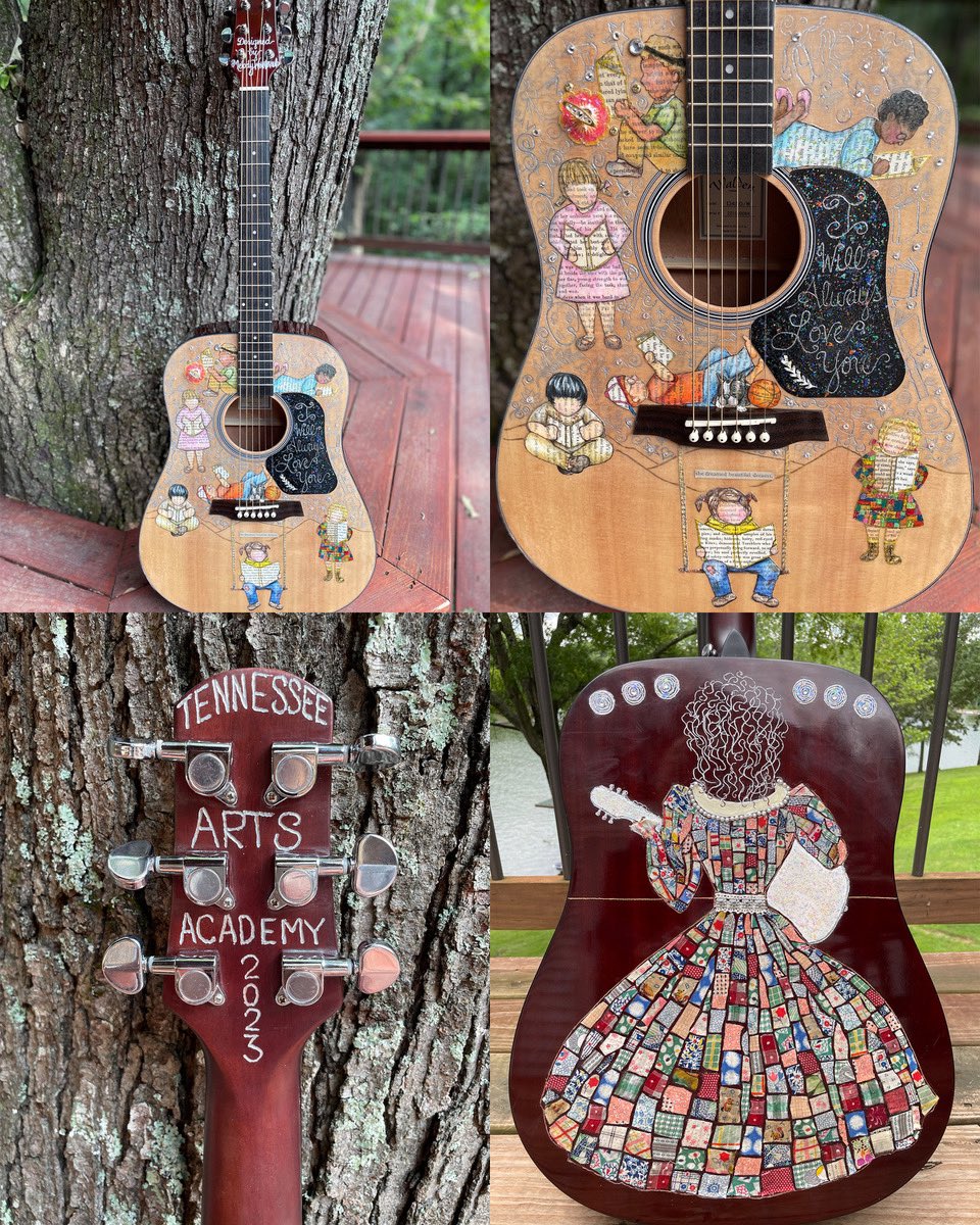 My @tnartsacademy 2023 guitar design honors @DollyParton and @dollyslibrary. On the back Dolly in her coat of many colors made from vintage quilt scraps. On the front children made from book pages. Click here to bid on “Dolly’s Dream”: auction.hanwi.com/taa/auction.ht…