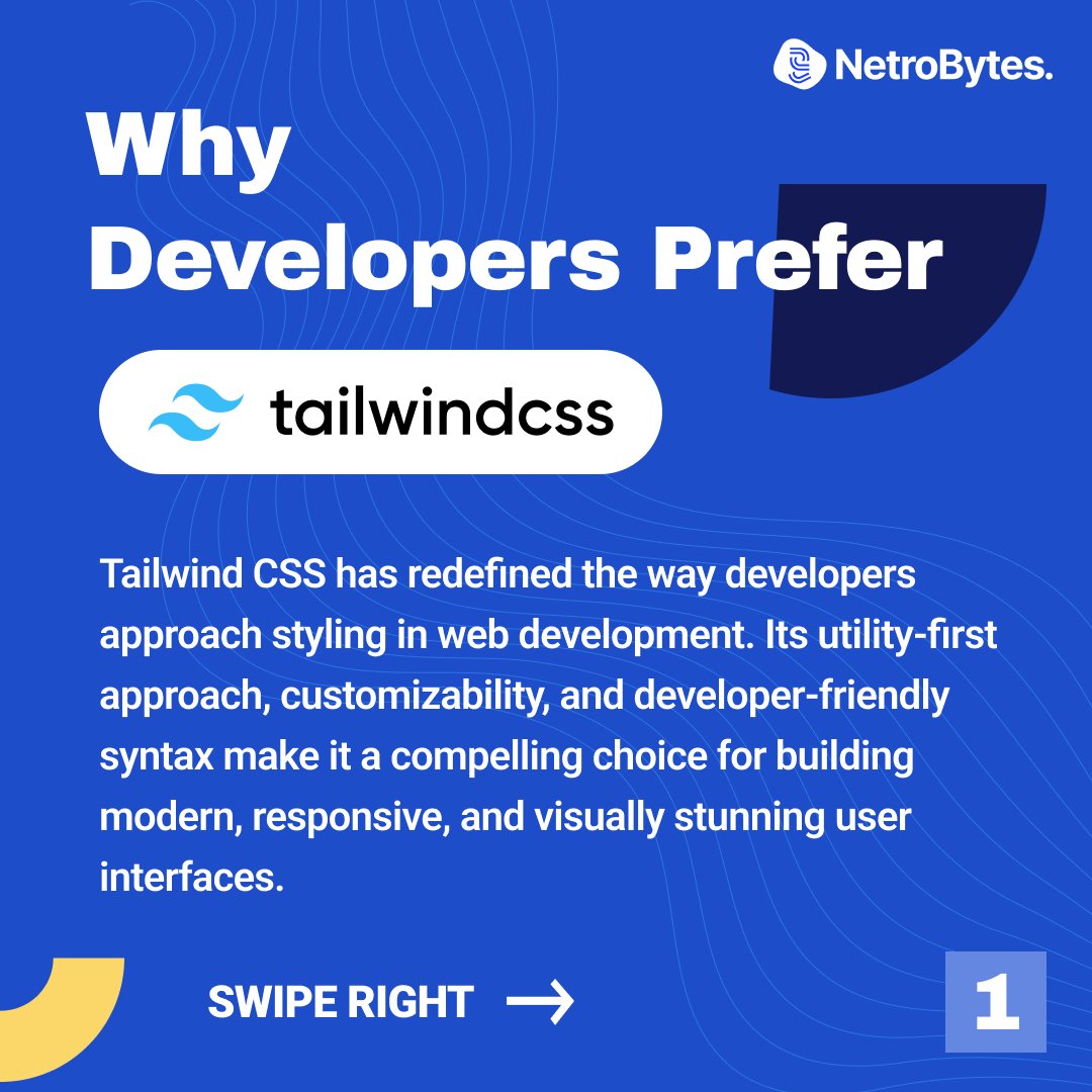 netrobytes's tweet photo. Why Developers Prefer Tailwind CSS? See the threads π #netrobytes #webdevelopment #MobileApp #wireframe #uxuidesign #reactjs #DigitalMarketing #mvp #javascript #nodejs #ecommerce #tailwindcss https://t.co/9Gd1vNOaGT