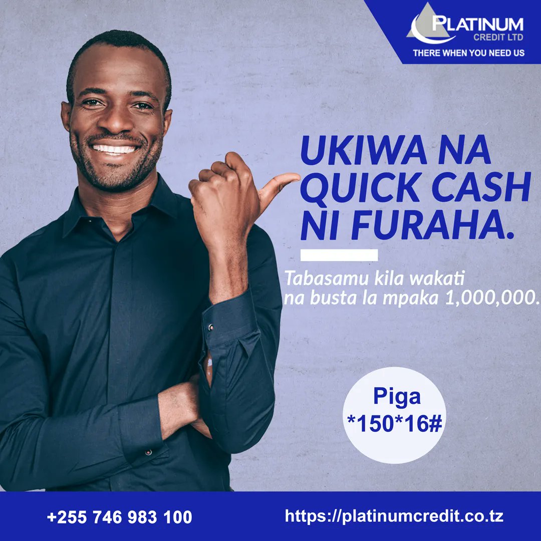 PCL_Tz's tweet photo. #platinumcredit #mkopo #mikopo #malengo #garilakomkopowako
Tunakupa tabasamu na mkopo wa quick cash mpaka milini moja ndani ya masaa mawili. Wasiliana nasi +255 746 983 100
#mkoporahisi #mkopoharaka #microfinances #microfinancestanzania https://t.co/aT4hX5C0DD