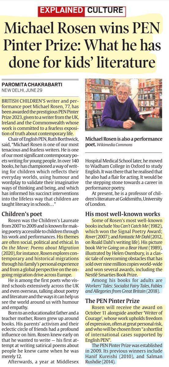 imRavikantYadav's tweet photo. 'Michael Rosen wins PEN pinter prize: What he has done for kids Literature'
: Details

#MichaelRosen #PENpinter #prize #Literature #kids #Children 

#UPSC 

Source: IE https://t.co/MxXvWpk8Ad