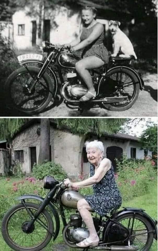 copsfire's tweet photo. Same girl, same bike, same location, but 71 years later. She still rides at 95, without a helmet, without a man, and this babe is still smiling. The dog died! https://t.co/3E1C771Gyr