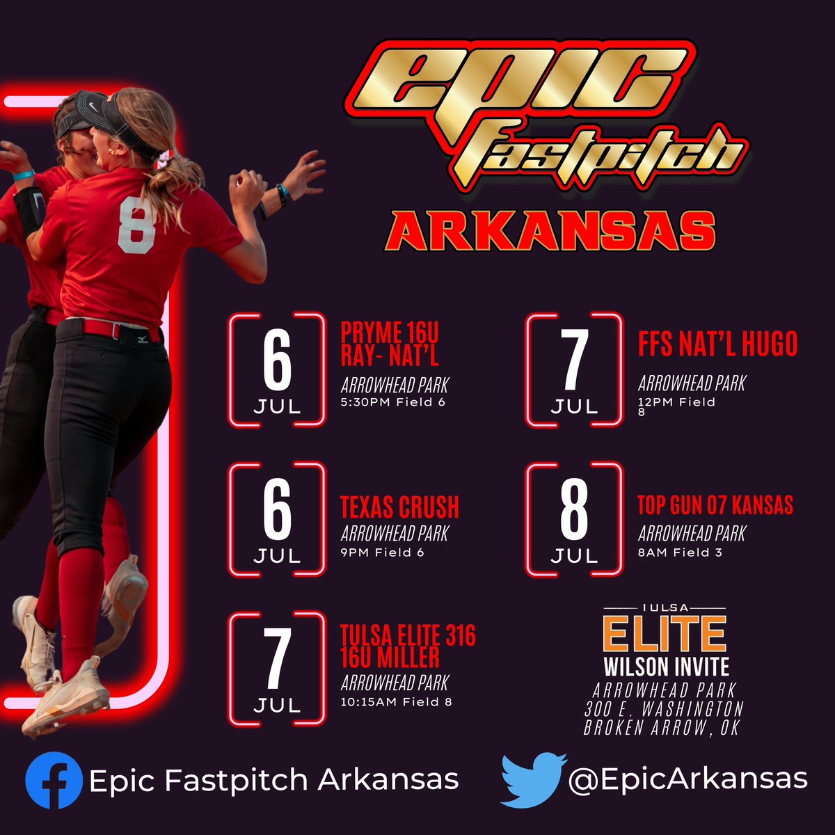 EpicArkansas's tweet photo. Excited for the Tulsa Elite Wilson Invite this week!  See us at Arrowhead Park, Broken Arrow! @Epic__SB @GoJacksSB @UCOSoftball @UCMJensSoftball @TulsaSoftball @kcroossb @RiverHawksSB @SSC_Softball @CCRoughridersSB @MSSUSoftball @NEOSFTBLL @ATUSoftball @BCCSoftball https://t.co/GXnCKDITZZ