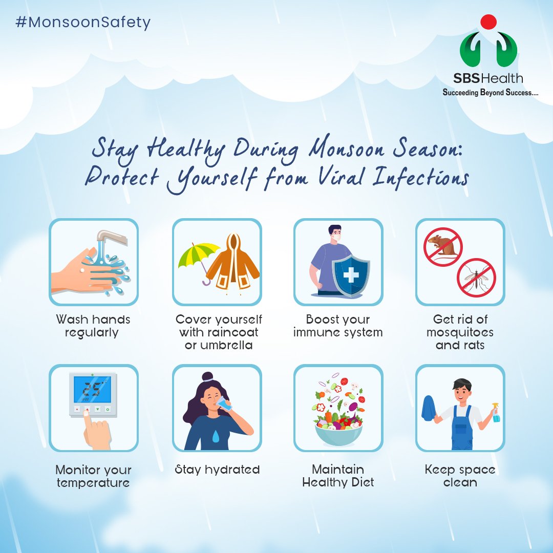 'Rain or shine, prioritize your health this monsoon season! Follow these essential tips to stay safe and healthy. ☔️💚
.
.
.
#MonsoonSafety #StayHealthy #RainySeasonTips #StayDry #WashHands #MaskUp #TemperatureMonitoring #StayHydrated #BalancedDiet #GetEnoughSleep #SBSHealth