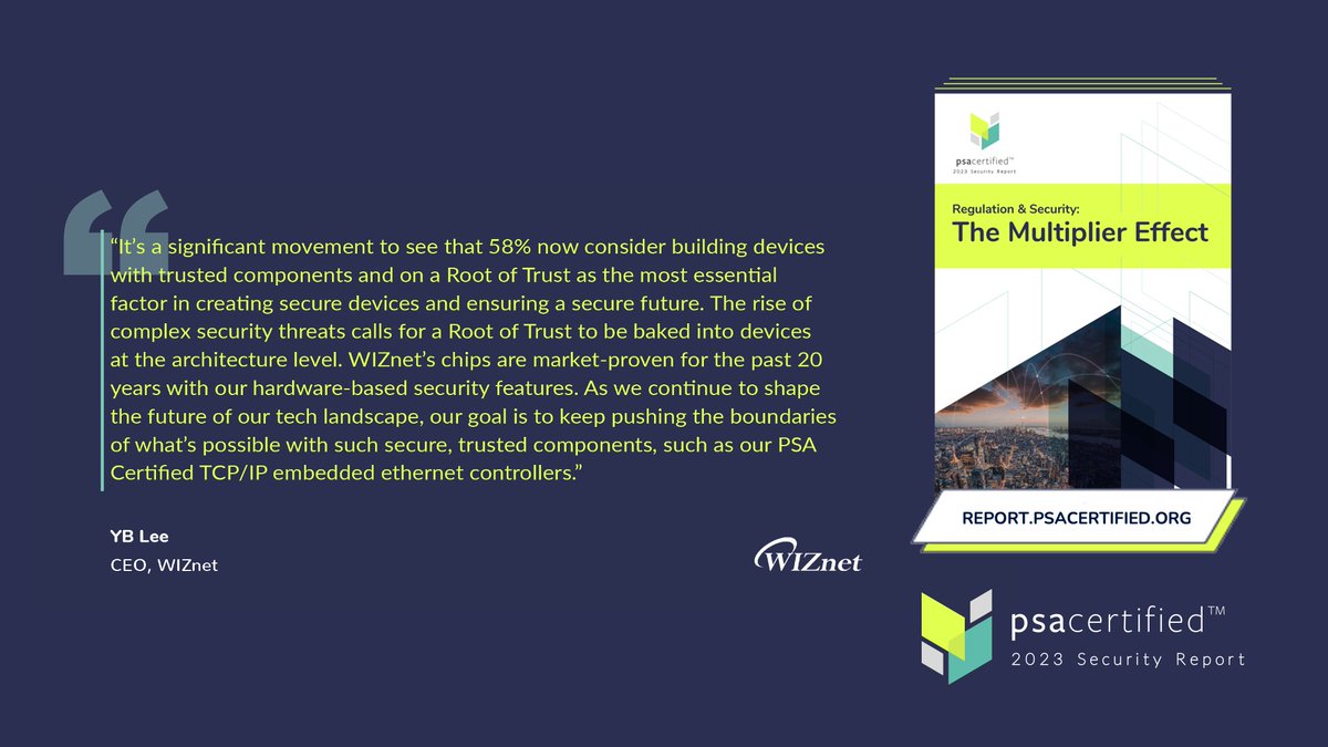 WiznetTeam's tweet image. Big announcement! #WIZnet is spotlighted in the 2023 Security Report  from @PSACertified ! A true endorsement of our dedication to  #IoTSecurity. Dive into the full report to see how we&apos;re elevating  digital security: report.psacertified.org🔒💡 #SecurityReport