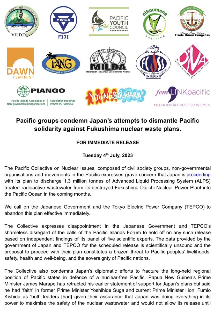 pangmedia's tweet photo. 📢 STATEMENT 📢 

Pacific groups condemn Japan’s attempts to dismantle Pacific solidarity against Fukushima nuclear waste plans

Pacific People Call for New Clear Ways‼️

#NewClearWays #NoToFukushimaDumping #NuclearJustice #NoNukes #BanNukes #NuclearFreeAndIndependentPacific https://t.co/geZXe5bXvk