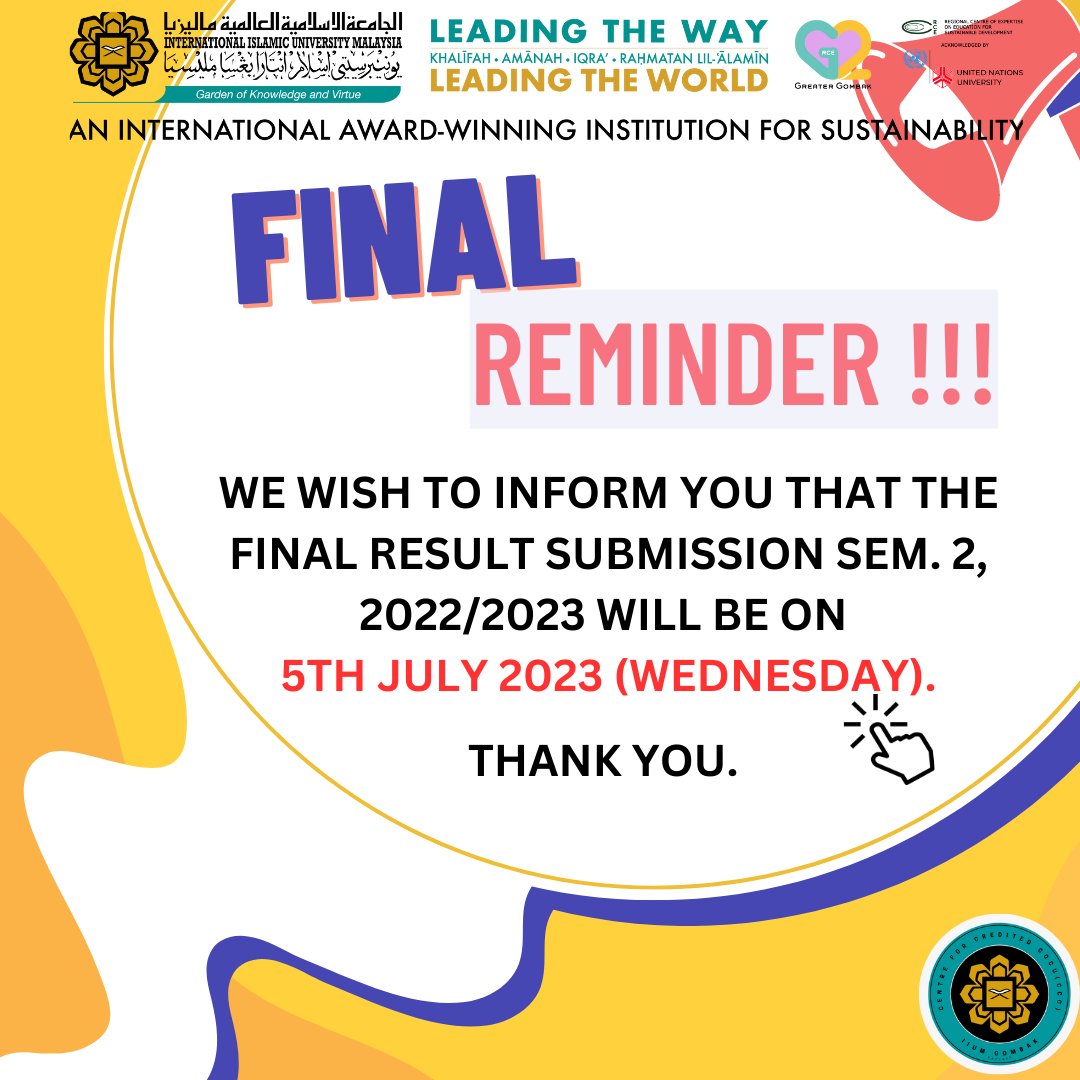 [Happy Tuesday!]
Attention to all LTIFs!! Please take note 📷
Final Reminder to submit the result !!!

Don't forget to follow us and turn on your notification for fast and reliable update from us.
Instagram; instagram.com/ccciium/
Facebook page; Centre of Credited Cocu IIUM