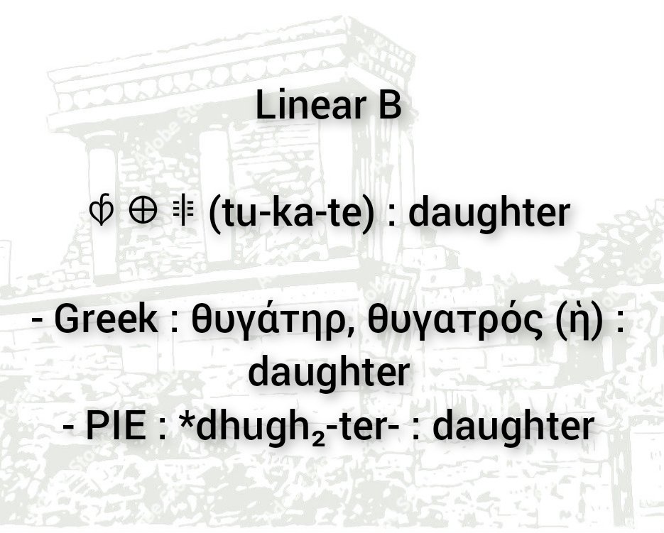 Ancient_Scripts's tweet photo. Linear B : 𐀶 𐀏 𐀳 (tu-ka-te) : daughter
- Greek : θυγάτηρ, θυγατρός (ἡ) : daughter
- PIE : *dhugh₂-ter- : daughter
#linear_b
#linearb
#ancient_greek
#old_greek
#myceanean_greek
https://t.co/7O3pk0Niy7 https://t.co/raDHnwTaUq