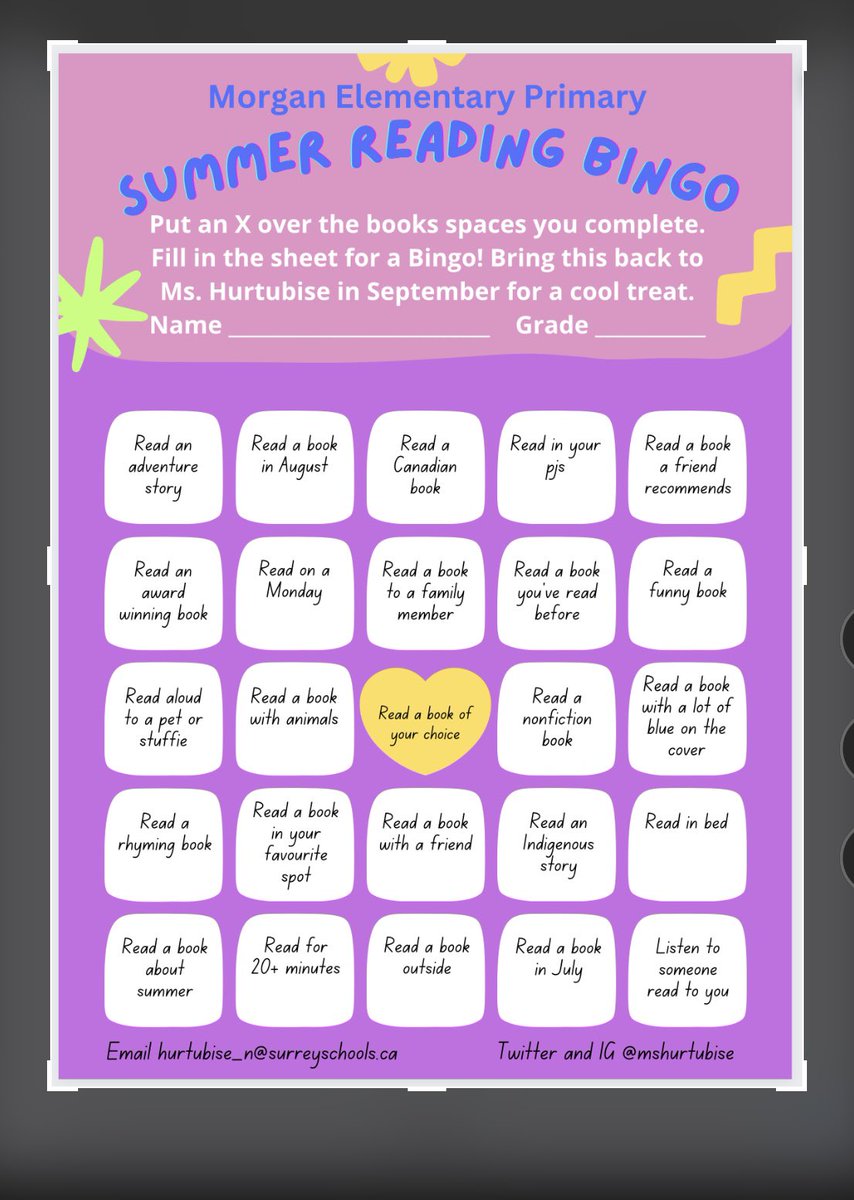 MsHurtubise's tweet photo. In case any #MorganElementary students are looking for copies of the Summer Reading Bingo cards, here they are! Happy Reading!
#sd36tl #SummerReadingChallenge https://t.co/PTx4rCNuGW