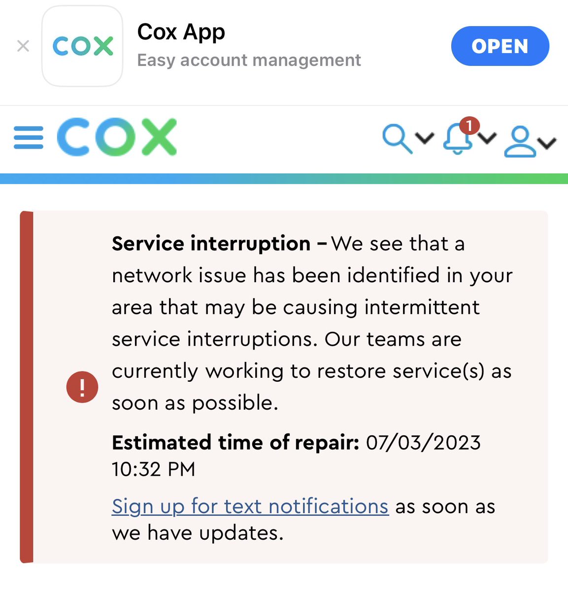 Wondertramp's tweet photo. @CoxHelp Our internet has been out since 1pm today and it’s now 9:52pm pacific time… how much longer are we going to sit here with out internet? The estimated repair time was 6pm  and now it’s showing 10:32pm 🤷🏽‍♀️ https://t.co/37K3h1WjUk