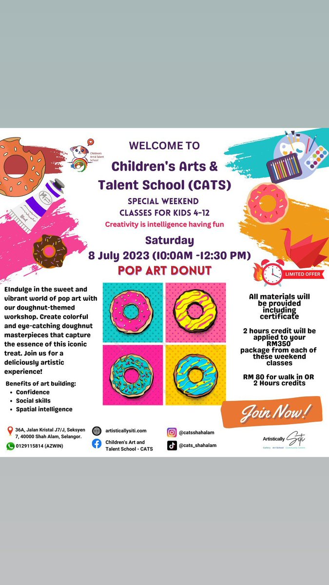 Indulge in the Sweet World of Pop Art Doughnuts with Teacher Rini's Workshop for Kids!

On Saturday morning, July 8th, 2023, prepare for a delightful and delicious artistic adventure in Teacher Rini's Pop Art Doughnut Workshop for kids aged 4-12. Join us now!
#artclass
#seksyen7