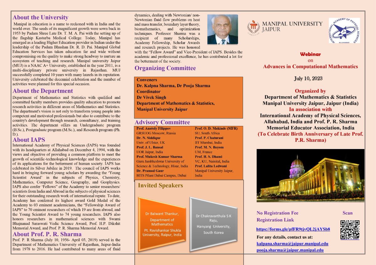 FoS_MUJ's tweet photo. (E-certificate will be provided to all the registered participants &amp; No registration fee) The meeting link will be shared to all registered participants. #manipaluniversityjaipur #mathematics #statistics #webinar https://t.co/VezpqgizTj