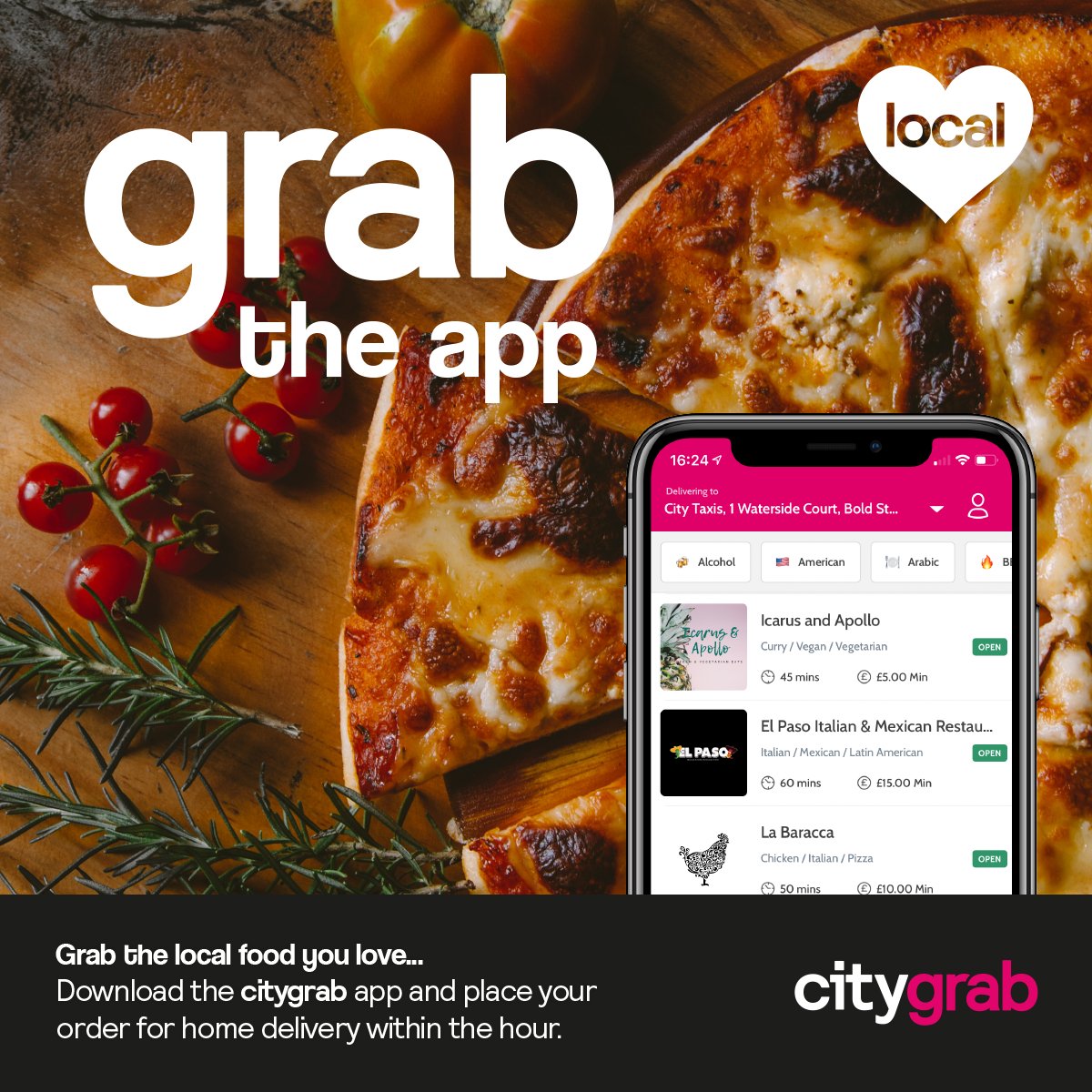 Grab the app for home delivery from your favourite local spots... 🍔🍕🍟 qrco.de/CITYGRABSOCIALS #lovelocal