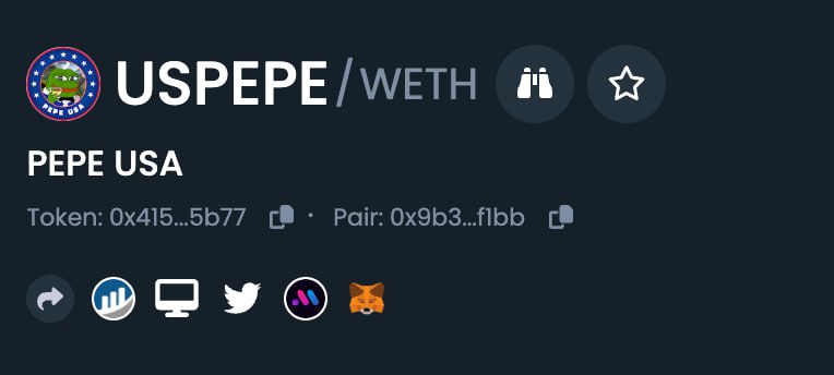 Dextools Updated for the big day today $USPEPE

Join our community for july 4th and have fun!

Telegram: t.me/PEPEUSA_ETH

CA:0x415d0fe2cf3f7d1f66f17bcad6530282ea085b77