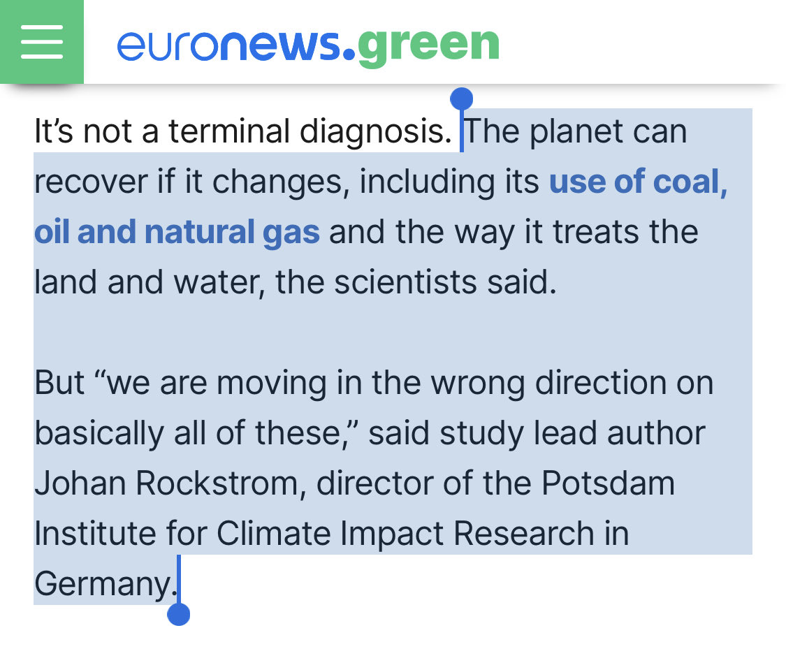 StephAuberval's tweet photo. The wording in this passage is infuriating – it separates Planet Earth, our home, from the reader: us, journalists included. Writing in such a detached way does contribute to apathy. “Not my problem” kind of attitude. https://t.co/931nTZsZxc