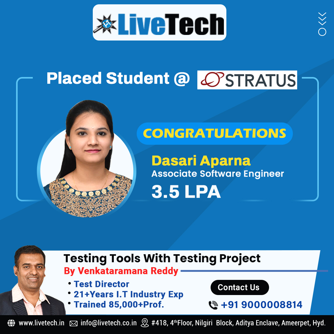 LiveTechTesting's tweet image. Congratulations on securing your dream software job! Wishing you a fulfilling and successful career ahead!
Please visit our website :livetech.in
Placements : facebook.com/livetechqa
For more details Please call us on 9000008814
LiveTech
#softwaretesting
