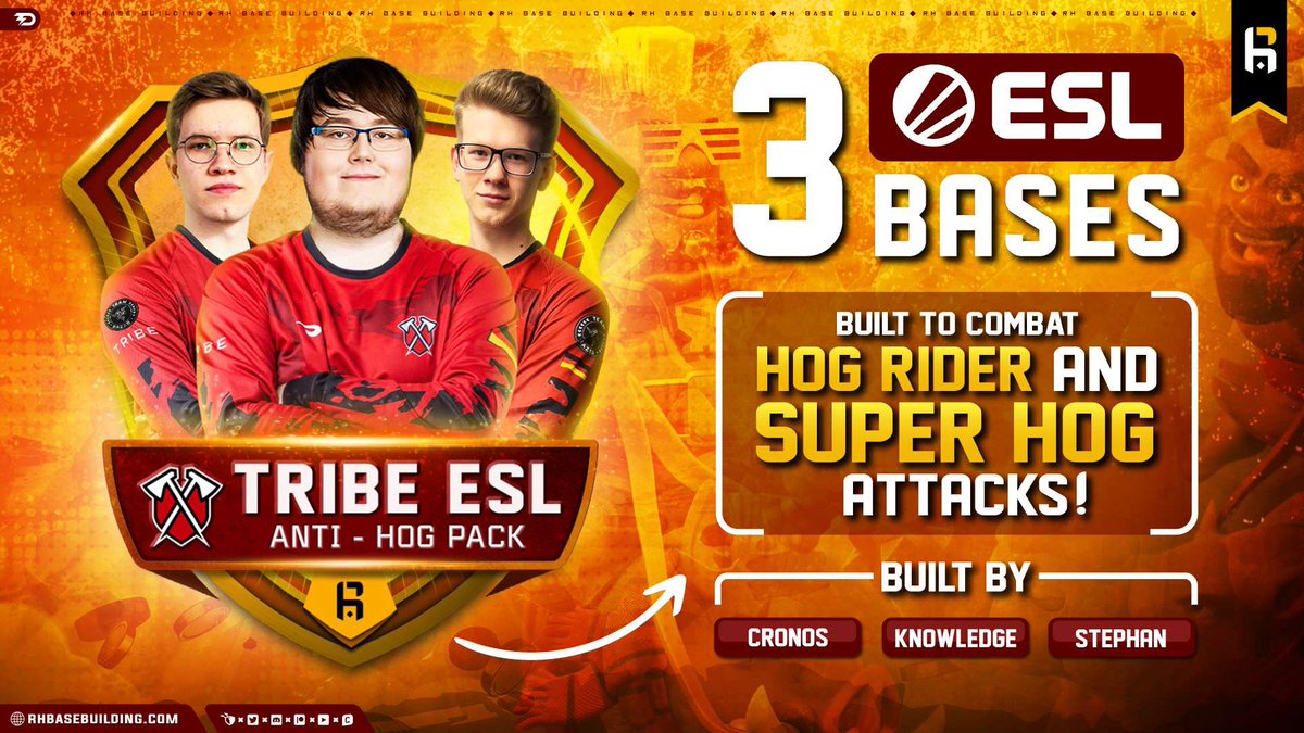 TRIBE ESL - ANTI HOG PACK is now available! 🛠️🔥
3️⃣x ESL bases built by 
🔸<a href="/coc_Cronos/">TRB Cronos</a>
🔸<a href="/Kn0wLedgeCoC/">TRB Kn0wLedge</a>
🔸<a href="/stephan_coc/">TRB Stephan</a> 
You don’t want to miss it, defend like the PROs!🛡️🧱
🌐 rhbasebuilding.com/product/th15-t…
#ClashofClans | #TribeGaming | #TH15