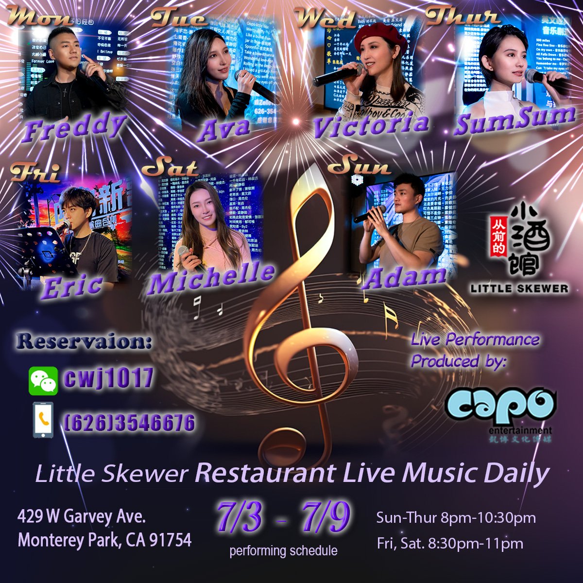 sumoliu's tweet photo. Happy July 4th !!!  Performing schedules of 7/3-7/9 at Little Skewer, during summer, Little Skewer will extend its hour.  Sun to Thursday we close at 12 am, and for Fri &amp; Sat we'll open till 1 am.  Reserve your table  626-354-6676 or on Wechat: cwj1017
#singer #singers https://t.co/Ibif4L34lk