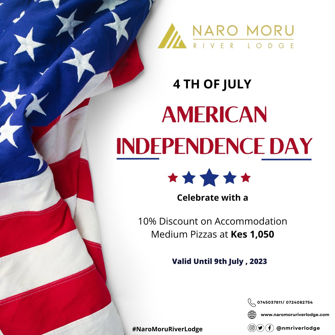 nmriverlodge's tweet image. Happy American Independence Day📷
Join the celebration at Naro Moru River Lodge with our exclusive offers running until 9th July.
#NaroMoruRiverLodge #IndependenceDay #4thJulyWeekend #SpecialDeals #ParadiseDeals #MagicalKenya #NaturalHospitable #4thofjuly2023
