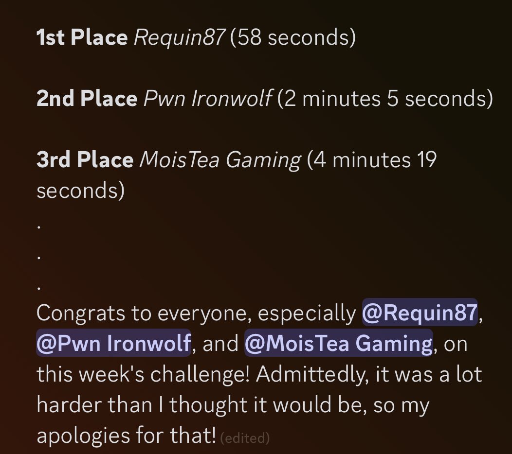 Pwn_Ironwolf's tweet photo. Also, here’s the week 1 results, I’ll probably put the week 2 results up in a couple days time, give people a chance to watch the videos.

#Vtuber #VTuberEN https://t.co/cYRUCJGFJk