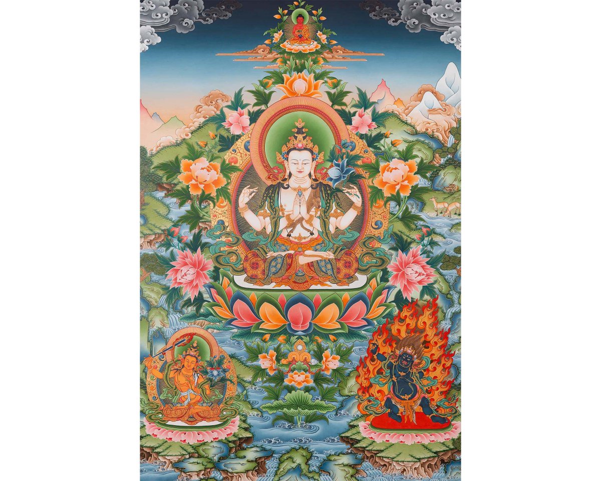 Excited to share the latest addition to my #etsy shop: Four-Armed Avalokiteshvara Superfine Quality Tibetan Thangka | Surrounded By Red Amitabha Buddha, Vajrapani And Manjushri | Wall Decoration etsy.me/3Xzrdft #kitchendining #stretchedcanvas #abstract #vertica