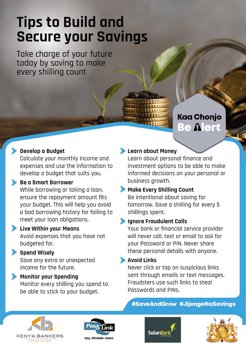 SidianBank's tweet photo. Tips on how to build and secure your savings for a better tomorrow.
Together with @kenyabankers, we are keen on ensuring you #saveandgrow to #owntomorrow
#jijengenasavings
#kaachonjo
#bealert
#secureyourbanking https://t.co/DgBECUB1CC