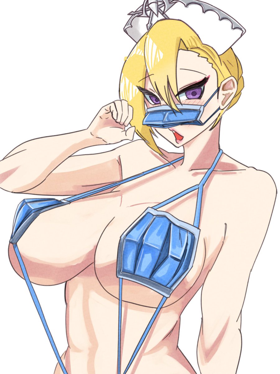 1girl breasts blonde hair swimsuit mask solo purple eyes  illustration images