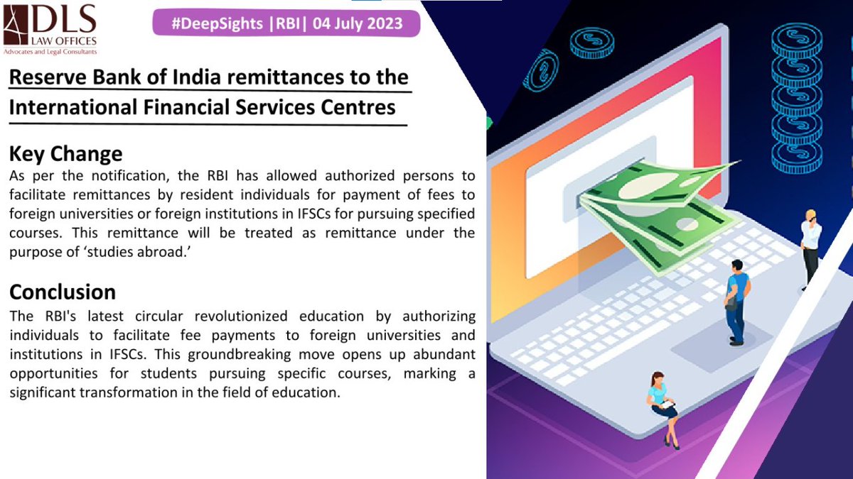 DLSLawOfficesIN's tweet photo. #DeepSights| RBI |04 July 2023

The Reserve Bank of India (“RBI”) vide its notification dated 22 June 2023 has addressed the remittances to International Financial Services Centres (“IFSCs”) under the Liberalised Remittance Scheme (“LRS”).
#SEBI #dlslawoffices #dls #DeepSights https://t.co/adfxmuZByF