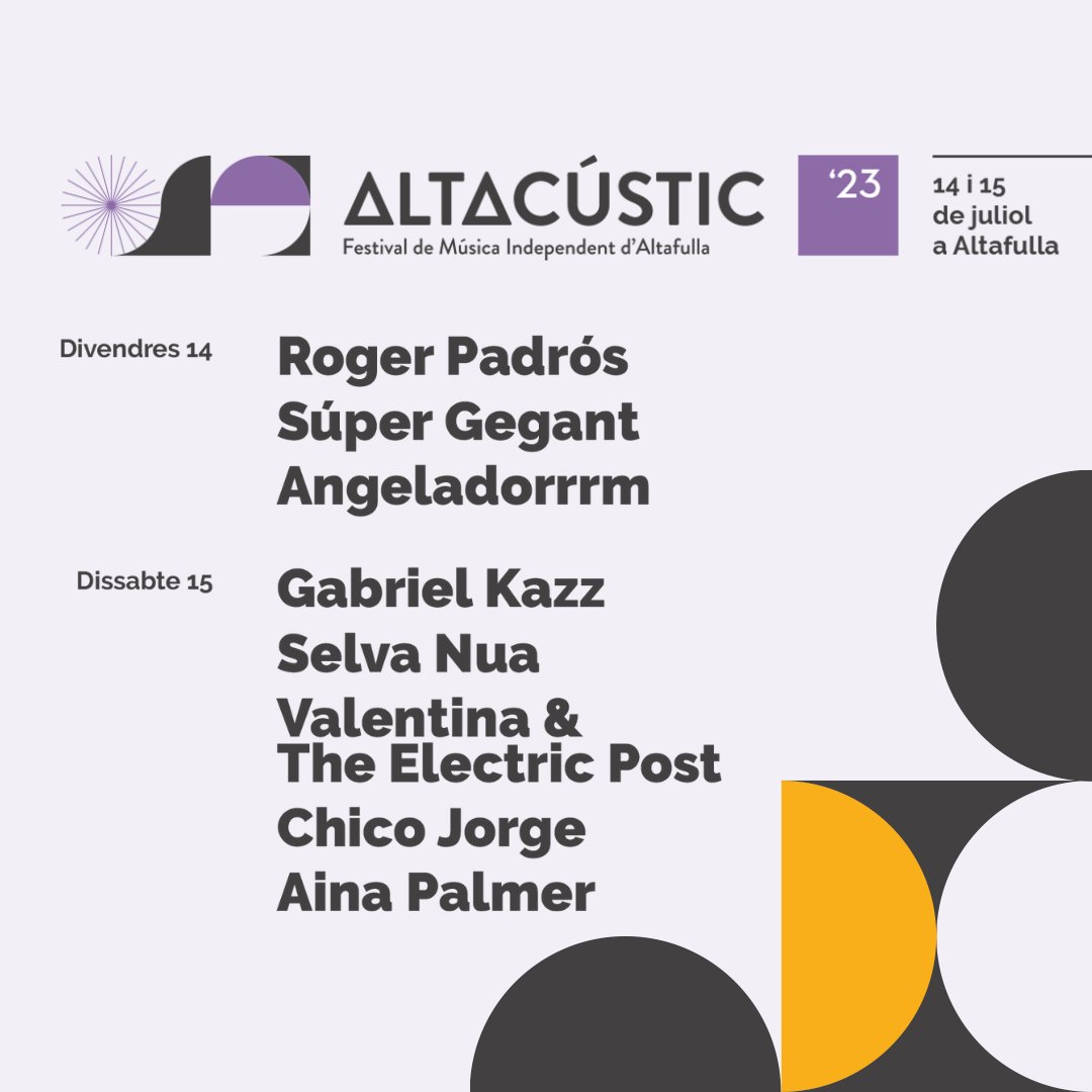 altacustic's tweet photo. 📢Ja tenim cartell #Altacústic2023!🙌

🗓️Divendres, 14 de juliol: @RogerPadrosMsic @super_gegant @angeladorrrm 
🗓️Dissabte, 15 de juliol: Gabriel Kazz @SelvaNua Valentina &amp; The Electric Post @soychicojorge @ainapalmerisme 

📍#Altafulla 
🆓Accés lliure! 
ℹ️https://t.co/goPujrO2yc https://t.co/ezdxOiJQtc