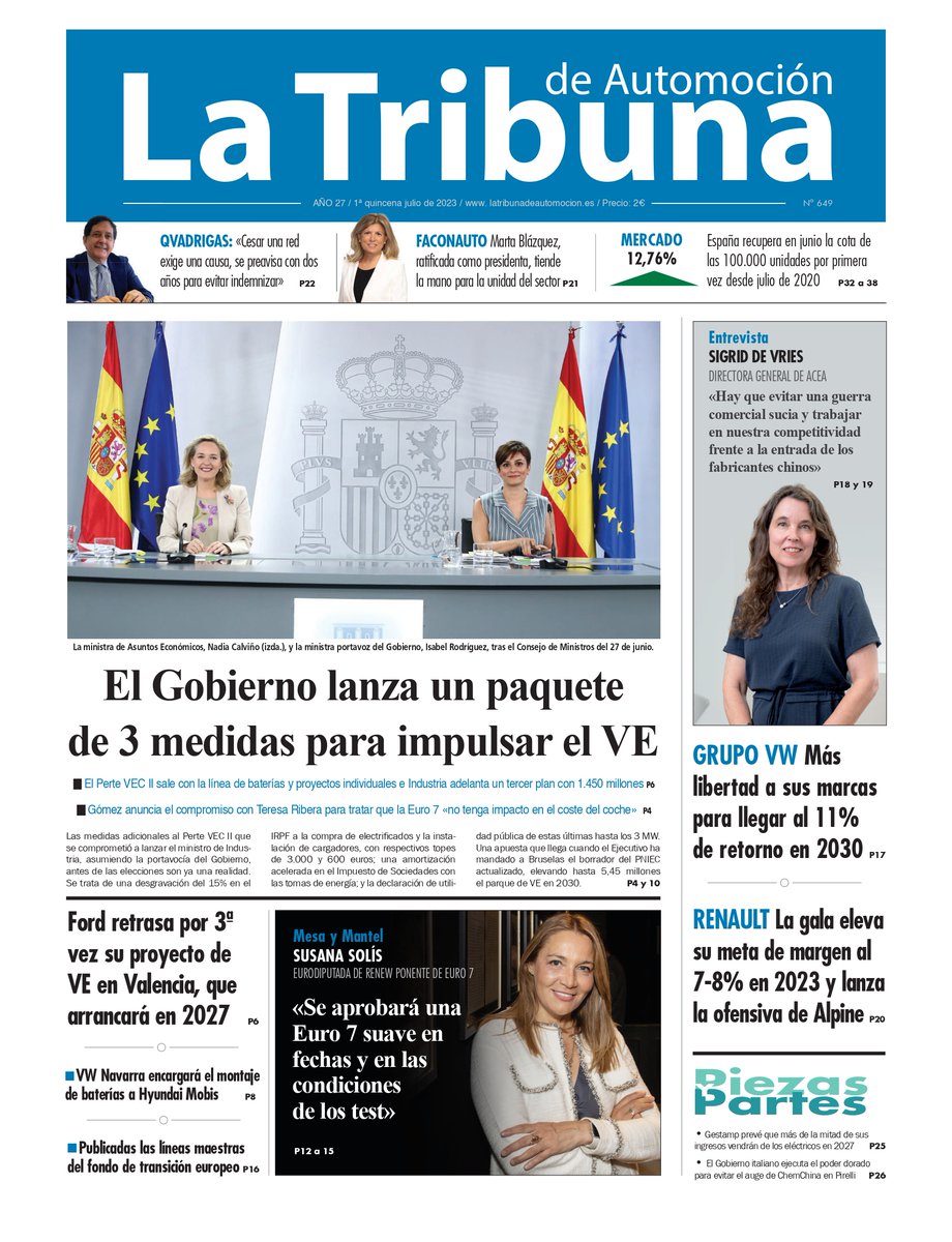 La_Tribuna's tweet photo. 🔴Ya a la venta el nuevo número de @La_Tribuna en la tienda de la web 📲 y en los quioscos habituales 🗞️https://t.co/wmoxupKLhJ
Destaca:
📝 El Gobierno lanza 3 medidas para impulsar el VE
📝 @Ford retrasa a 2027 la llegada del VE a Valencia
📝 VW busca un retorno del 11% en 2030 https://t.co/OFa4nIqSAb