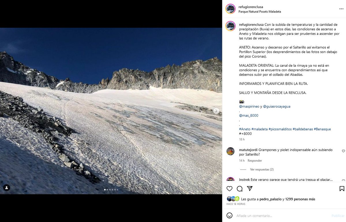 montana_segura's tweet image. Atención: #GuiasdeBenasque, #greim y #RefugioLaRenclusa recomiendan YA ascender al Aneto por el Ibón del Salterillo y evitar el Portillón Superior. El glaciar empieza a aparecer bajo el nevero y es frecuente la caída de piedras bajo el pico Coronas.
#AlAnetoPorElSalterillo