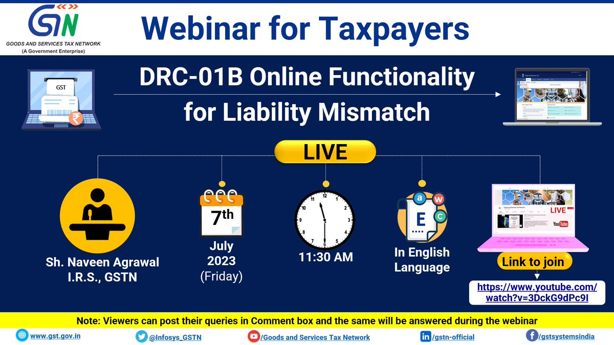 Infosys_GSTN's tweet photo. Save Your Date
Watch Live Webinar on 'DRC-01B Online Functionality for Liability Mismatch'.
Friday, 07.07.2023, 11:30 AM
Link: https://t.co/adOQMjvIdH
For previous webinars and other videos: https://t.co/zXJvaVLAVL
#DRC #gst #GSTN #Liabilitymismatch #Newfunctionality https://t.co/fxDa87h1f7